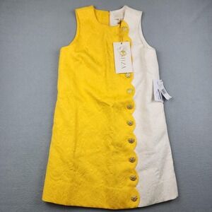 Mestiza Dress Womens 8 Yellow White Colorblock Jacquard Shift Button Cocktail